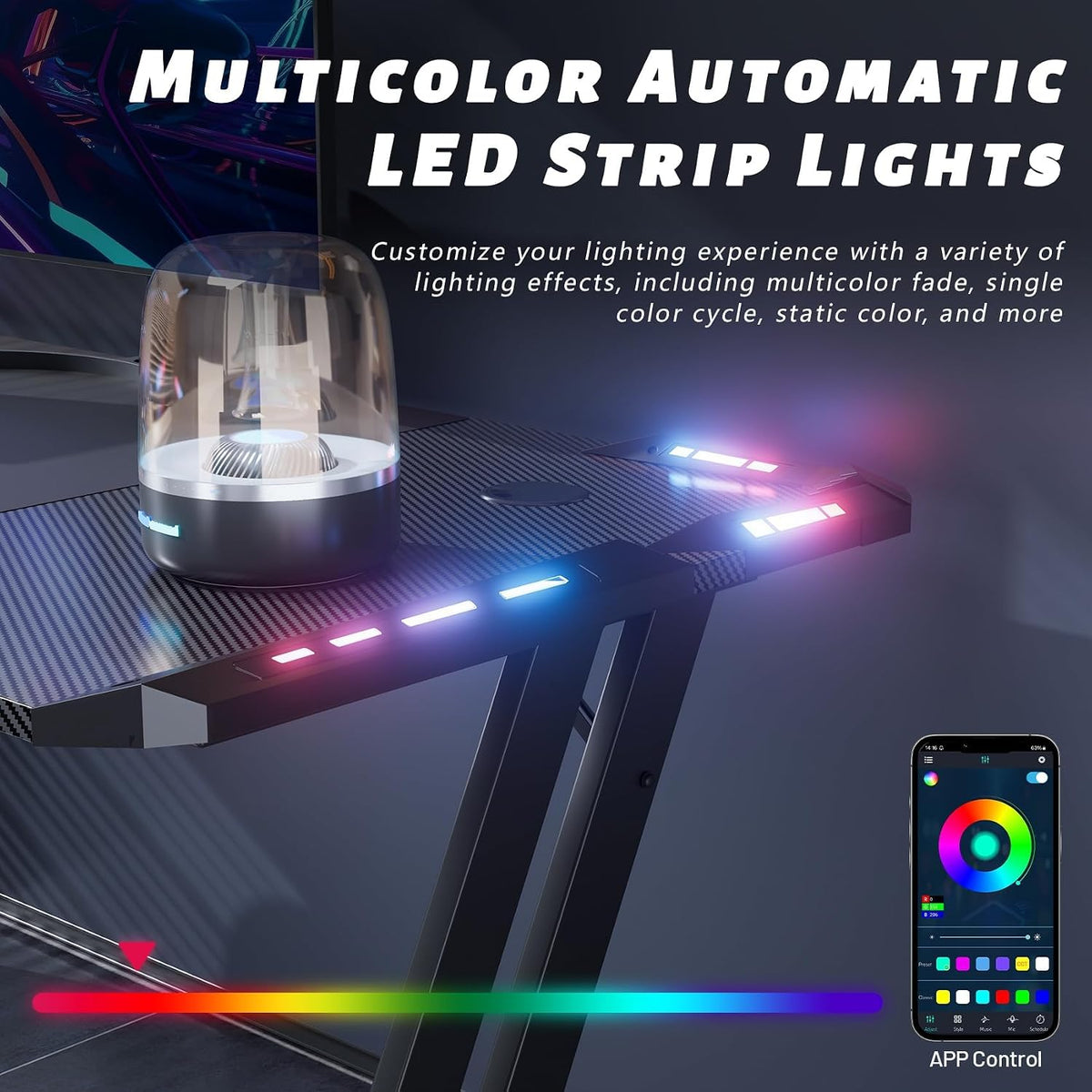 47 Inch Gaming Desk with App-Controlled RGB LED Lights, Black