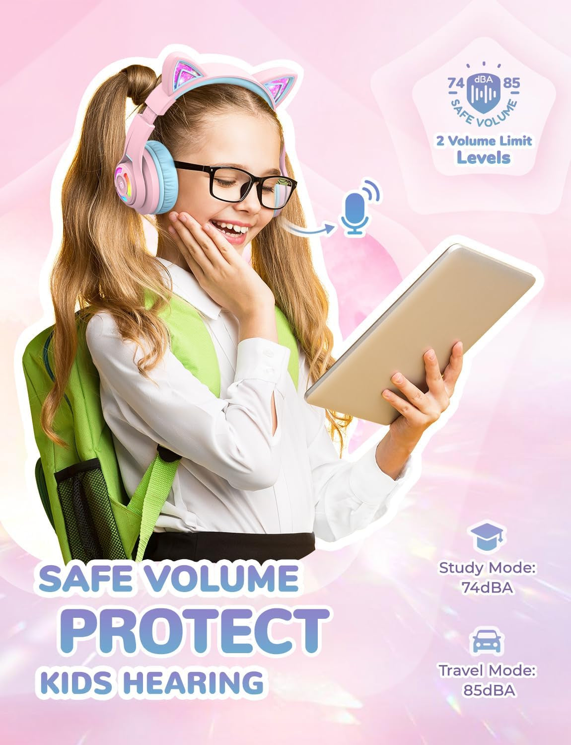 Cat Ear Kids Headphones,Led Lights Up,74/85/94Db Volume Limited,50H Playtime,Bluetooth 5.2,AUX Cable,Usb C,Wireless over Ear for Travel Ipad Tablet, Meow Macaron-Pink