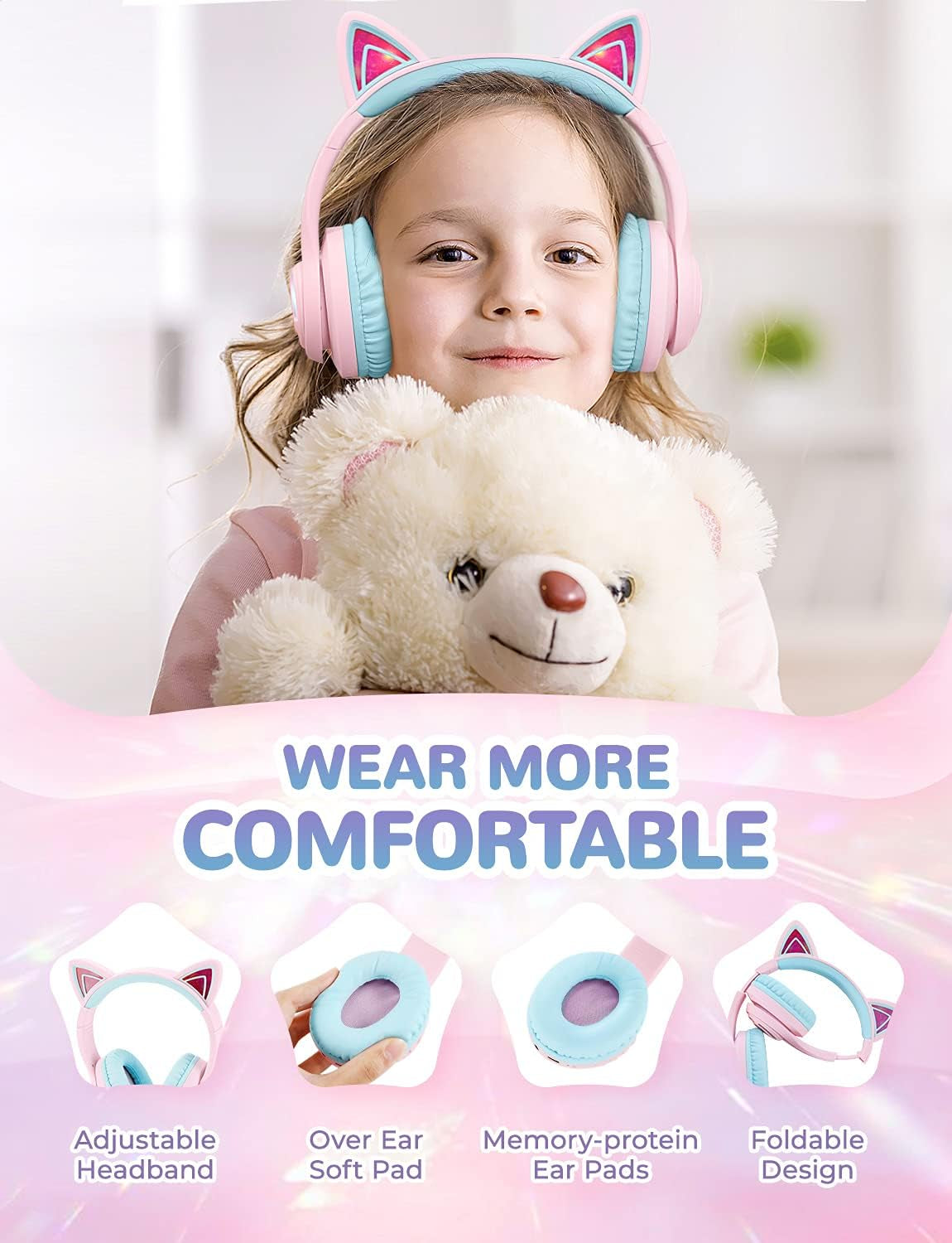 Cat Ear Kids Headphones,Led Lights Up,74/85/94Db Volume Limited,50H Playtime,Bluetooth 5.2,AUX Cable,Usb C,Wireless over Ear for Travel Ipad Tablet, Meow Macaron-Pink