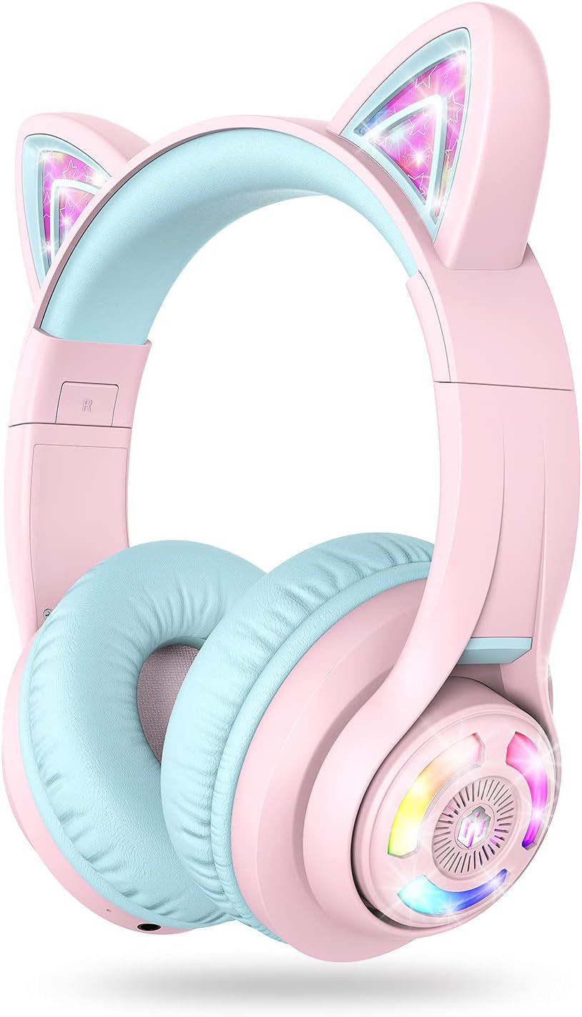 Cat Ear Kids Headphones,Led Lights Up,74/85/94Db Volume Limited,50H Playtime,Bluetooth 5.2,AUX Cable,Usb C,Wireless over Ear for Travel Ipad Tablet, Meow Macaron-Pink