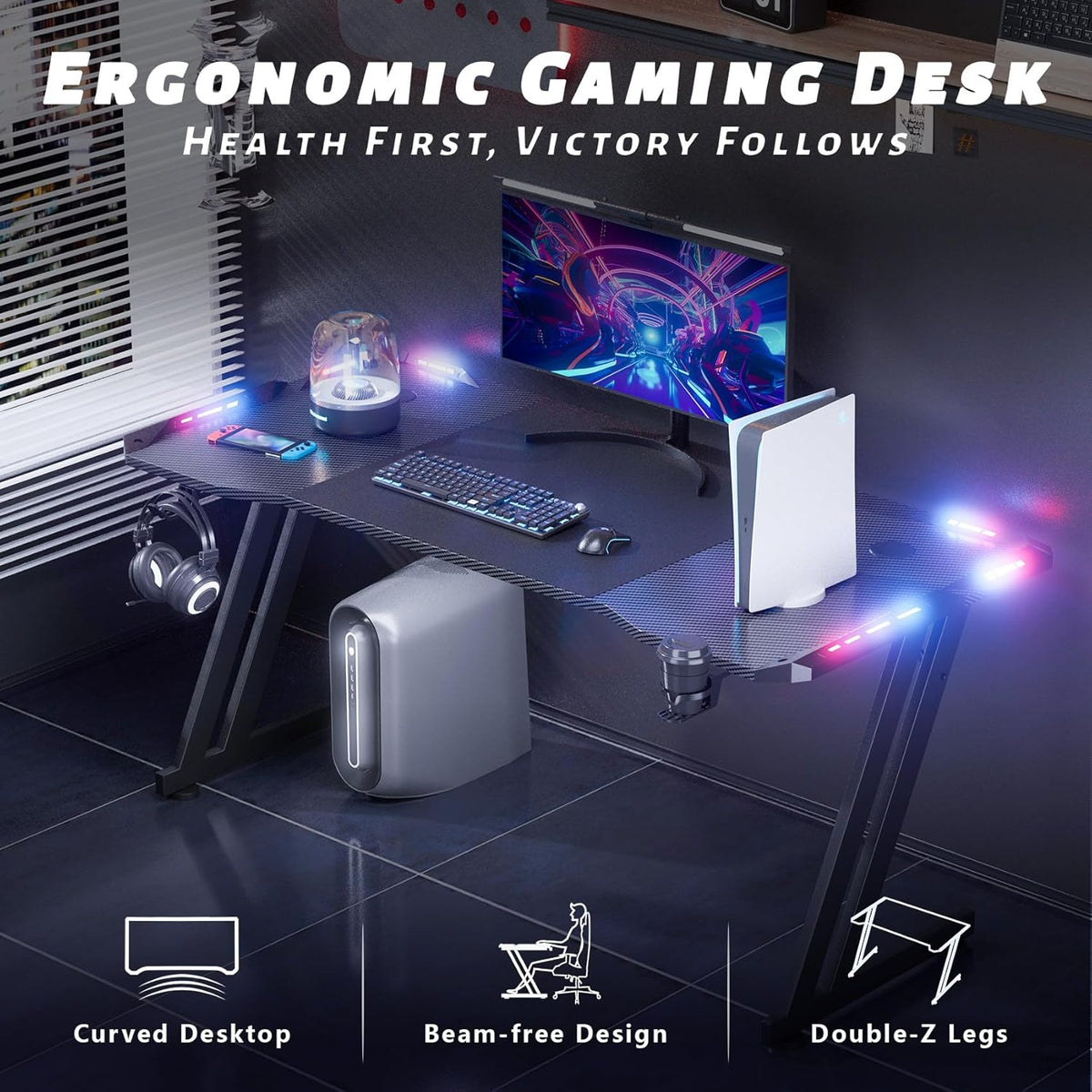 47 Inch Gaming Desk with App-Controlled RGB LED Lights, Black