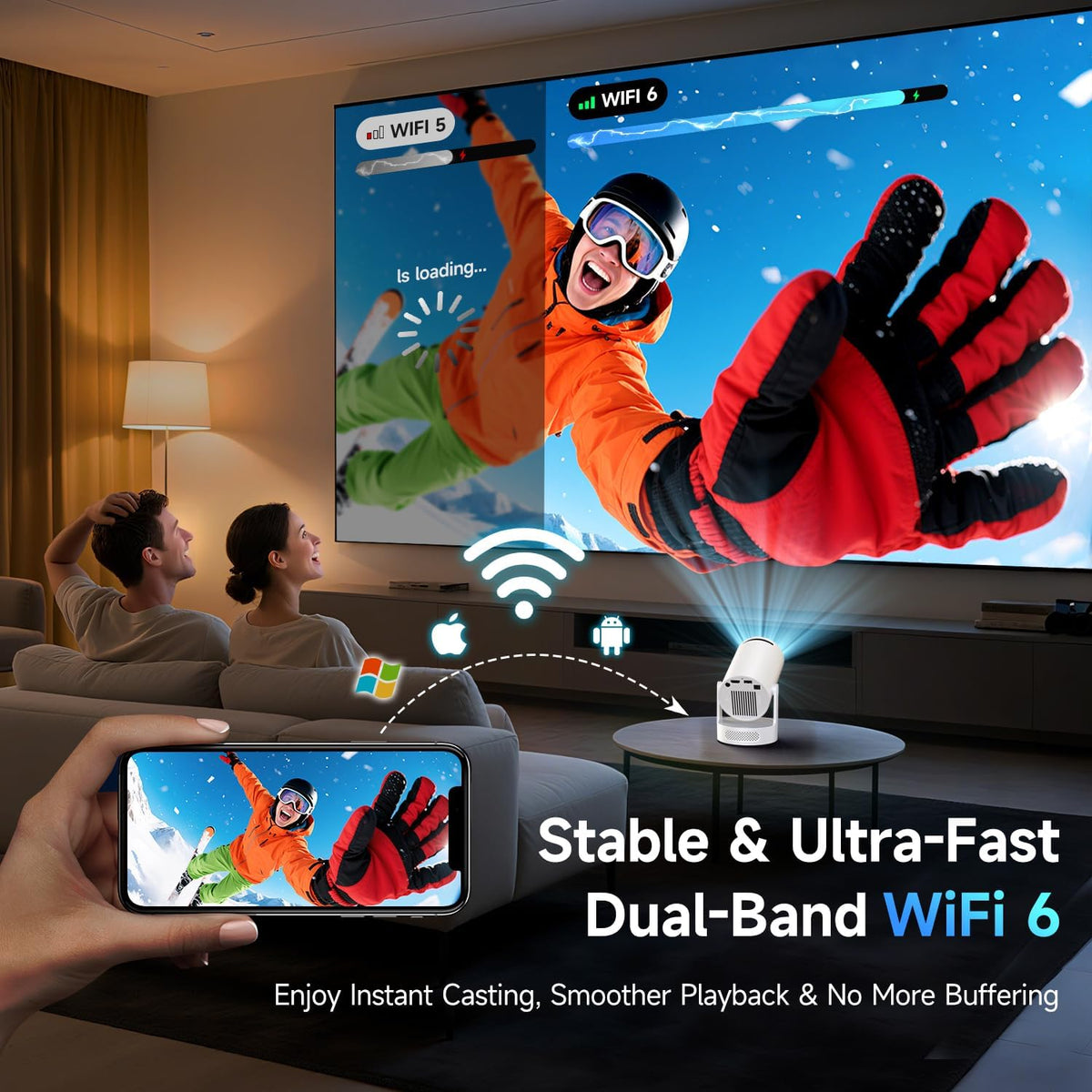 Mini Projector with Wifi 6 and BT 5.4, Built-In Apps 2026 Upgraded