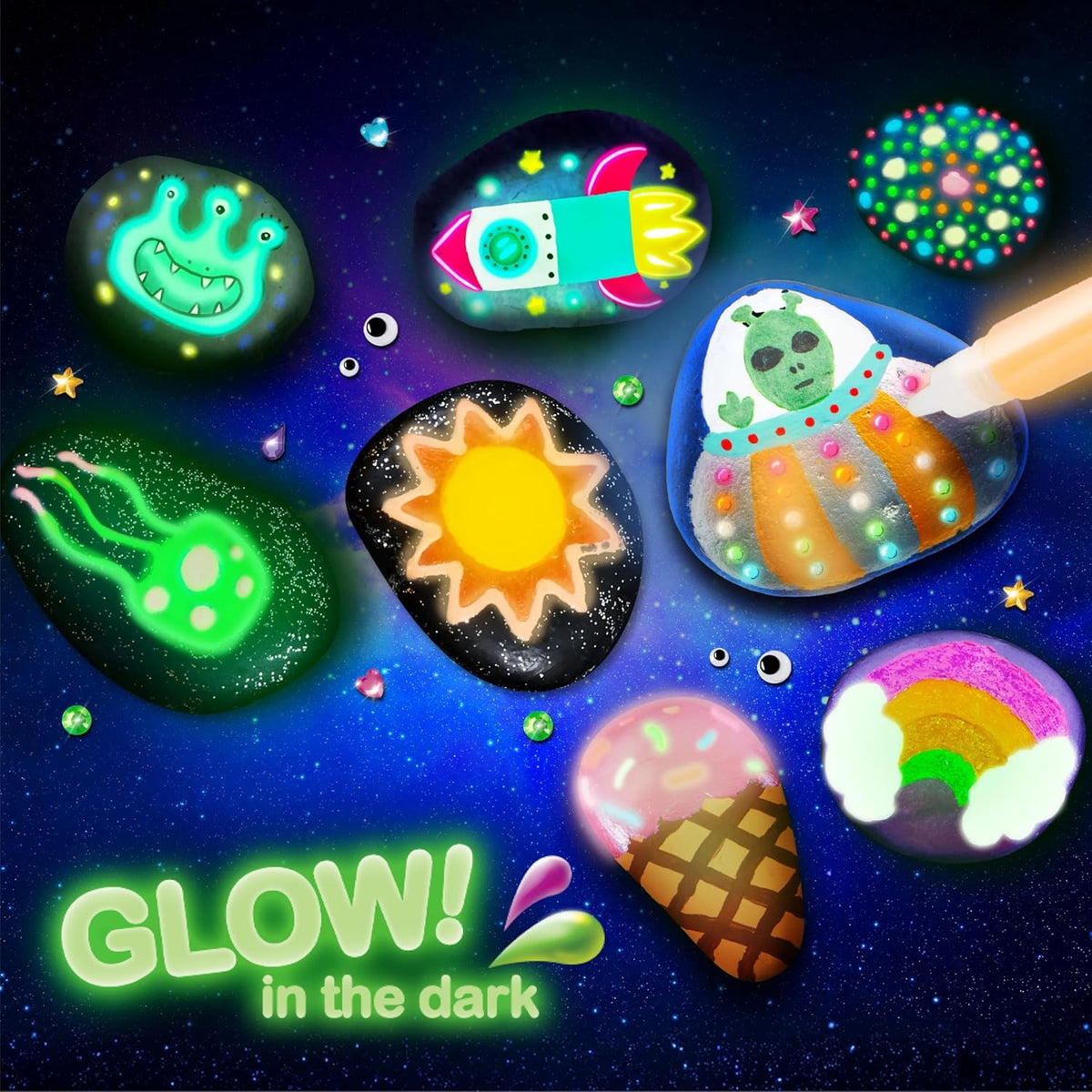 Rock Painting Kit- Glow in the Dark Rock Kit, Arts and Crafts for Kids Ages 6-12, Art Supplies Toy, Kids Craft Paint Kits, Arts & Crafts for Boys Girls Birthday Party Gift Toy