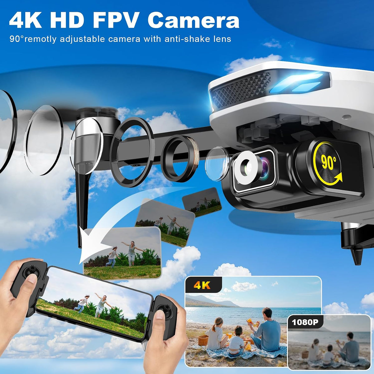 Drones with Camera for Adults 4K, GPS Drone with Auto Return, Follow Me, Circle Fly, Waypoint Fly, Optical Flow, Brushless Motor, Foldable 5G Transmission FPV Quadcopter under 250G