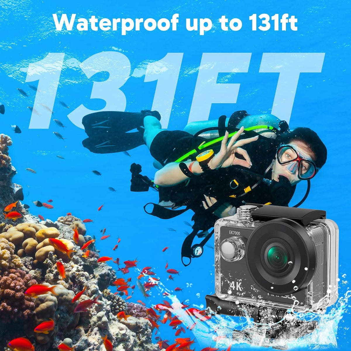 EK7000 4K30Fps Action Camera - 131Ft Waterproof Camera with Remote Control 4X Zoom Ultra HD 20MP Underwater Camera with Accessories Kit