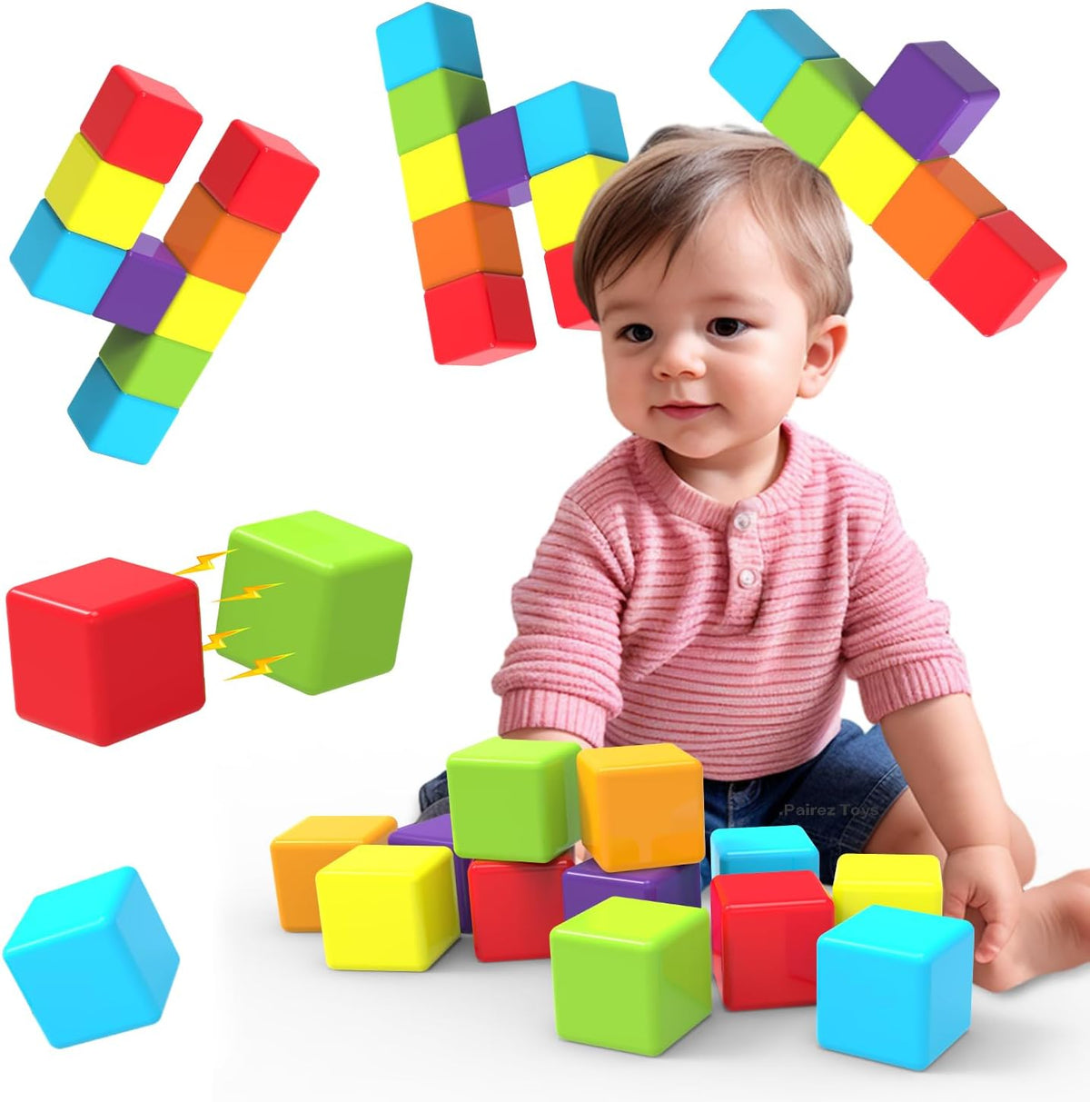 Magnetic Building Blocks Large, 1.65 Inch Stacking Cubes for Toddlers