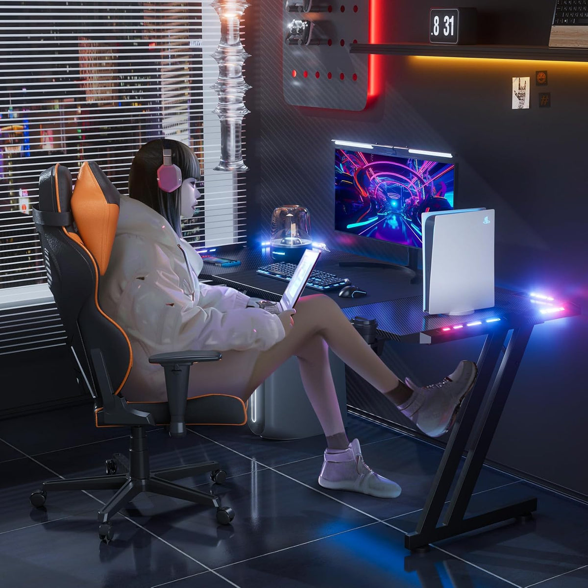 47 Inch Gaming Desk with App-Controlled RGB LED Lights, Black