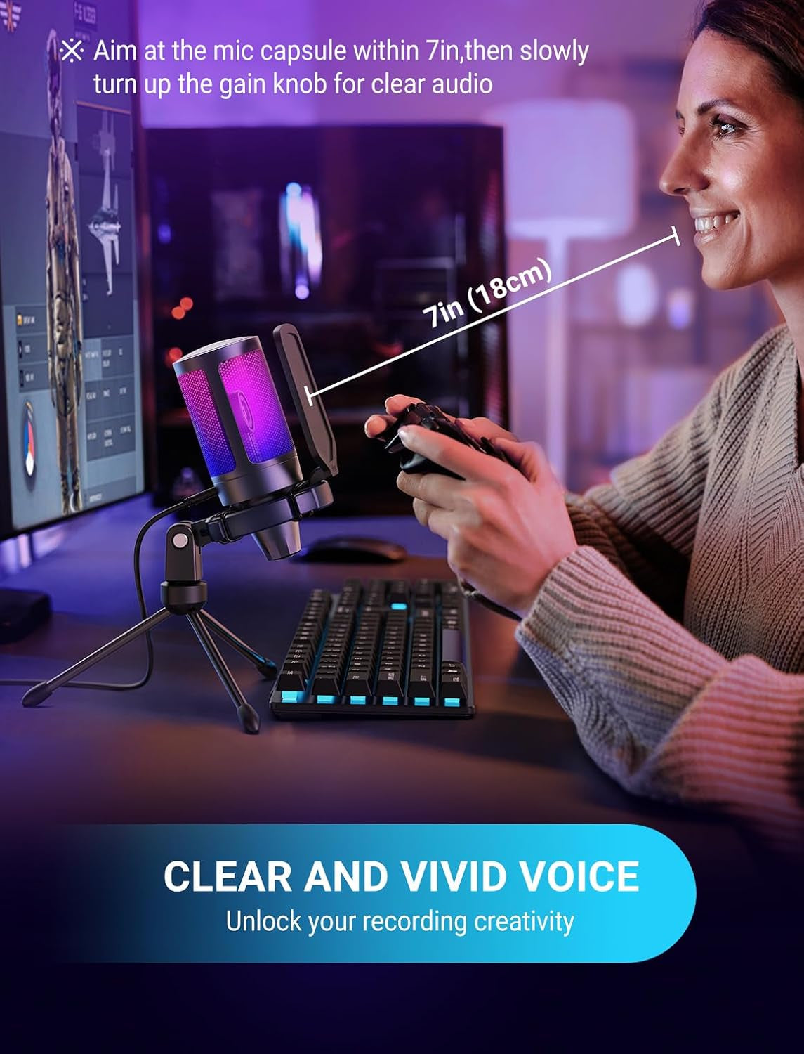 Ampligame A6V USB Gaming Microphone, Condenser RGB Mic for Streaming