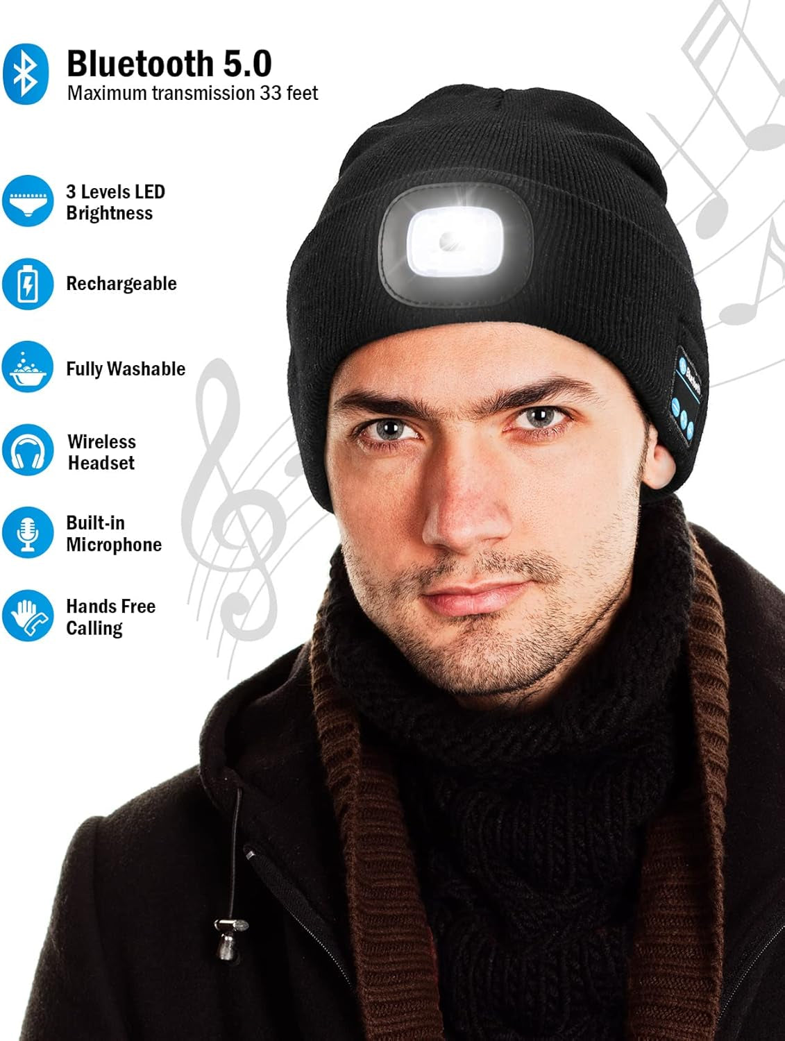 Bluetooth Beanie with LED Light and Headphones, Christmas Tech Gifts
