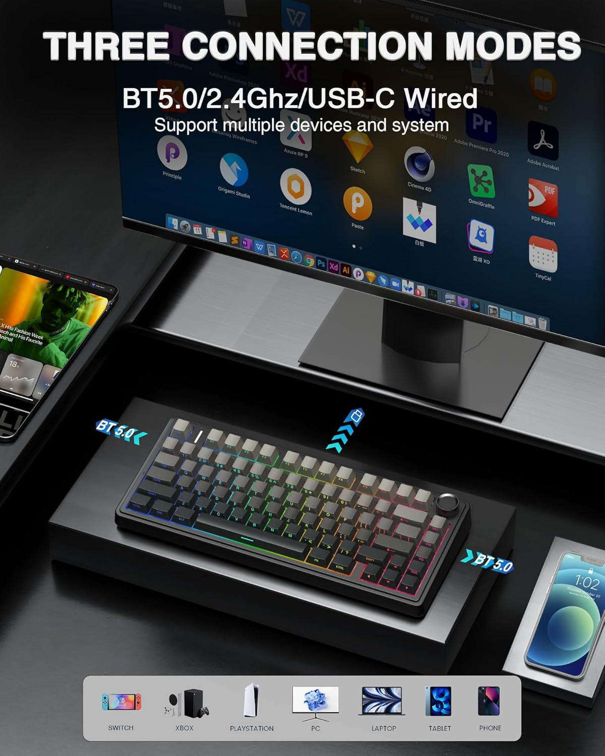 F75 Pro Wireless Mechanical Keyboard,75% Hot Swappable Custom Keyboard with Knob,Rgb Backlit,Pre-Lubed Reaper Switches,Side Printed PBT Keycaps,2.4Ghz/Usb-C/Bt5.0 Mechanical Gaming Keyboards