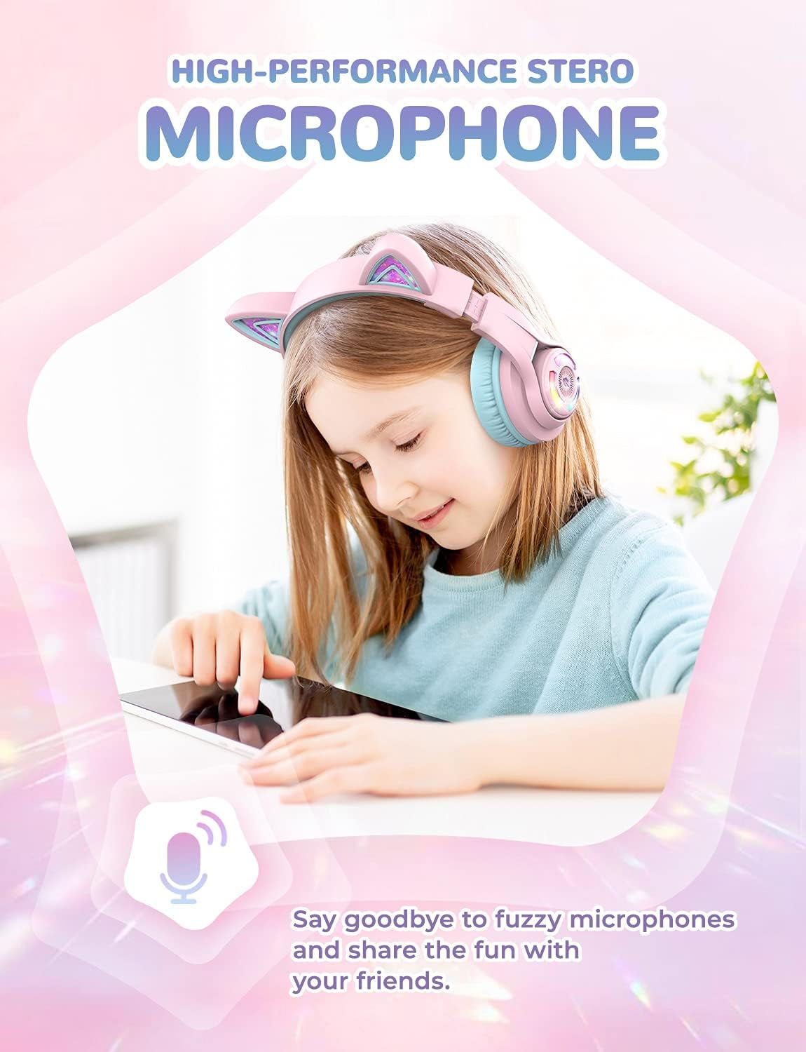 Cat Ear Kids Headphones,Led Lights Up,74/85/94Db Volume Limited,50H Playtime,Bluetooth 5.2,AUX Cable,Usb C,Wireless over Ear for Travel Ipad Tablet, Meow Macaron-Pink
