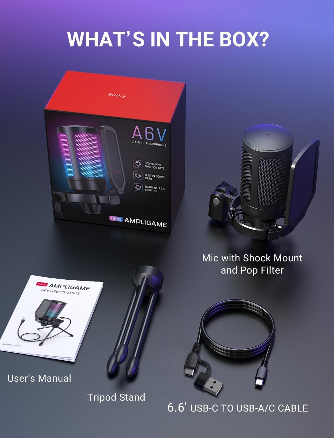 Ampligame A6V USB Gaming Microphone, Condenser RGB Mic for Streaming