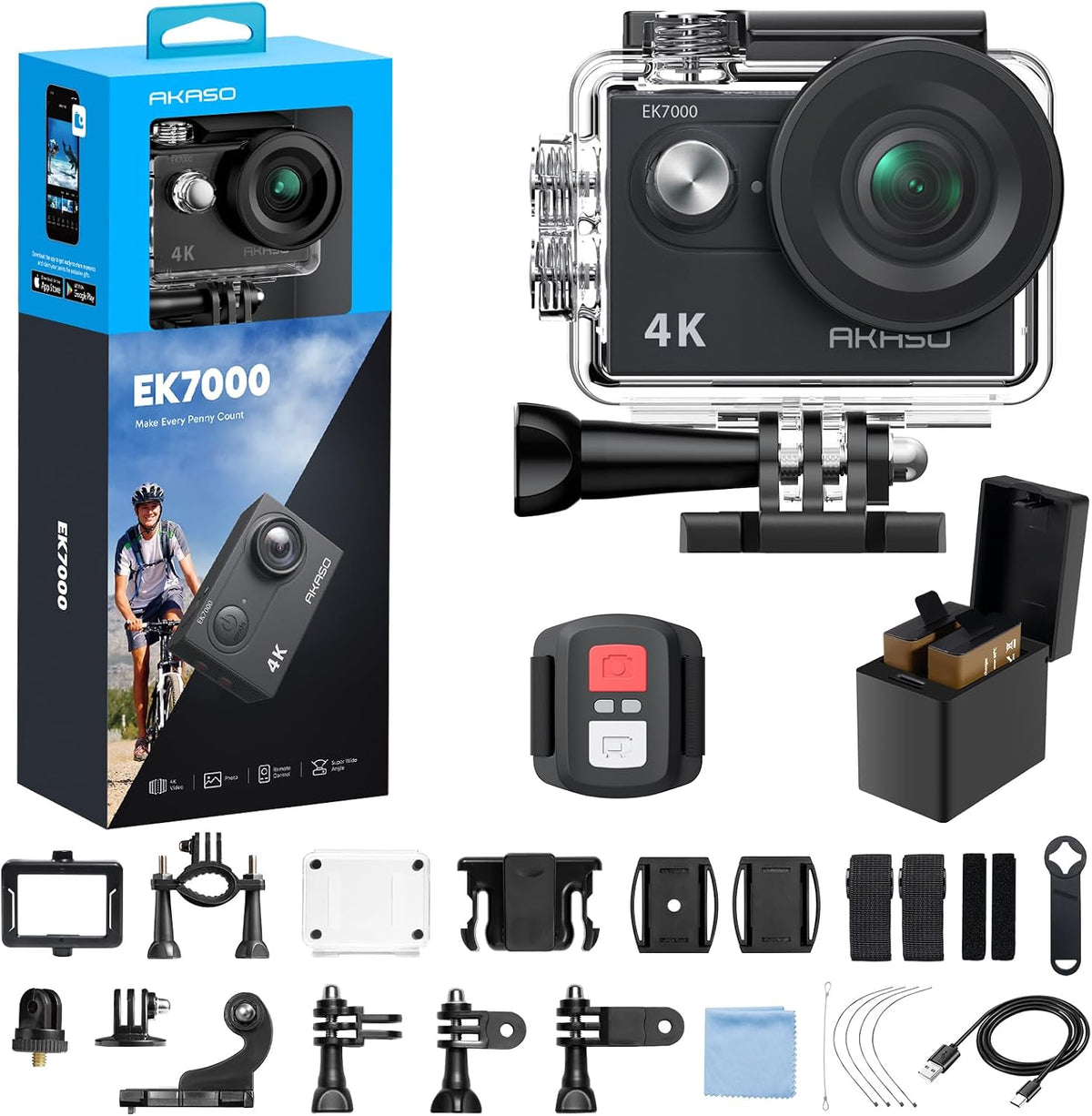 EK7000 4K30Fps Action Camera - 131Ft Waterproof Camera with Remote Control 4X Zoom Ultra HD 20MP Underwater Camera with Accessories Kit