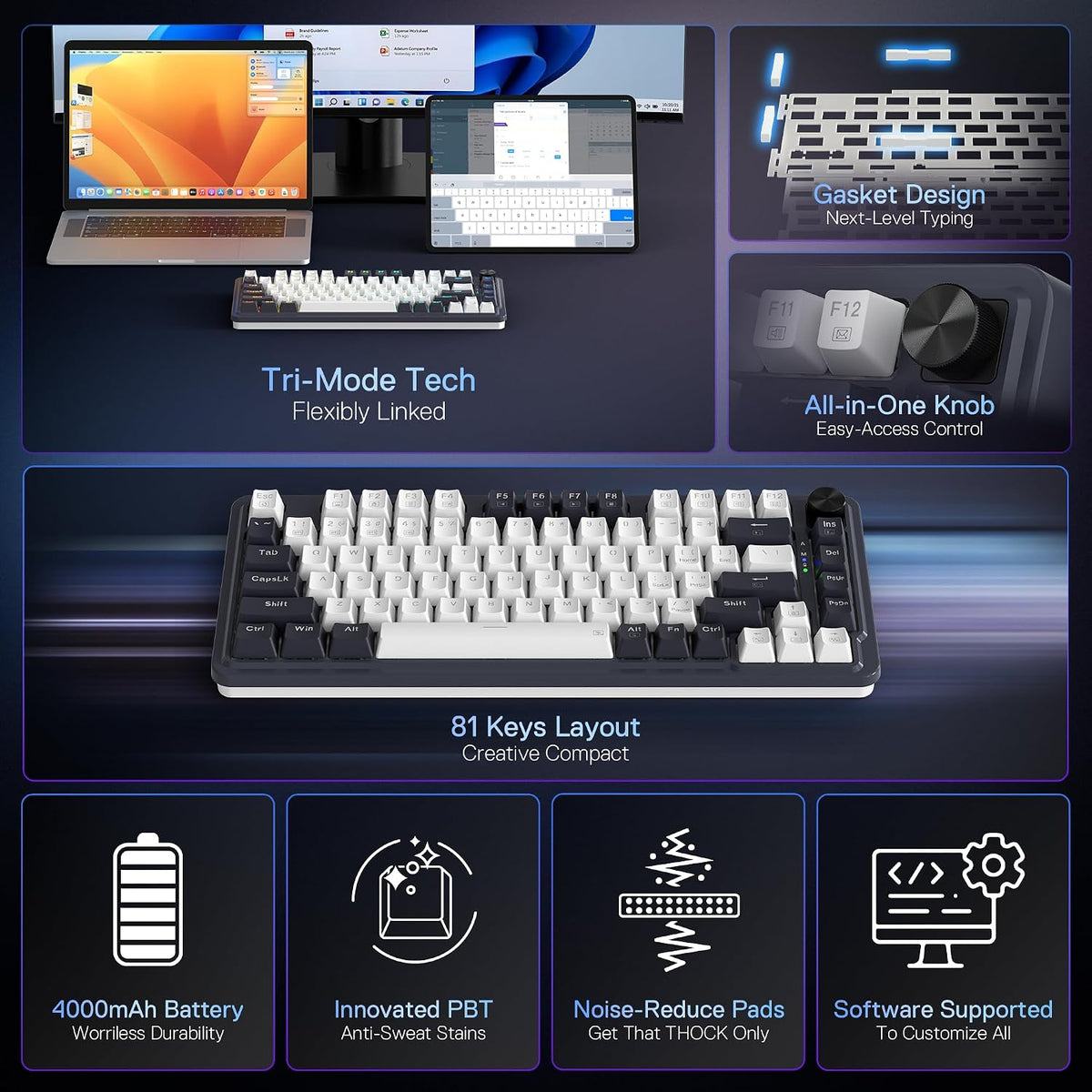 K673 PRO Wireless 81-Key RGB Gasket Gaming Keyboard, Scroll Knob