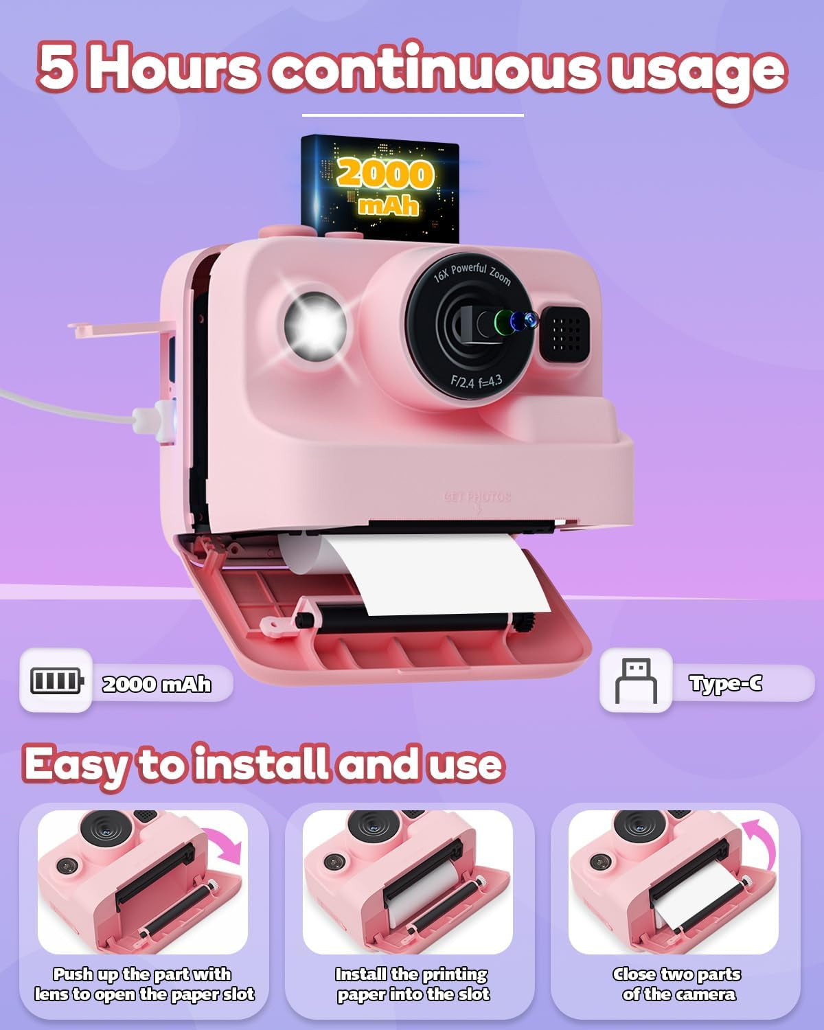 Kids Camera Instant Print,1080P Kids Instant Cameras That Print Photos,Christmas Birthday Gifts for Girls Age 3-12,Portable Toy for 3 4 5 6 7 8 9 10 Year Old Girls Boys Pink