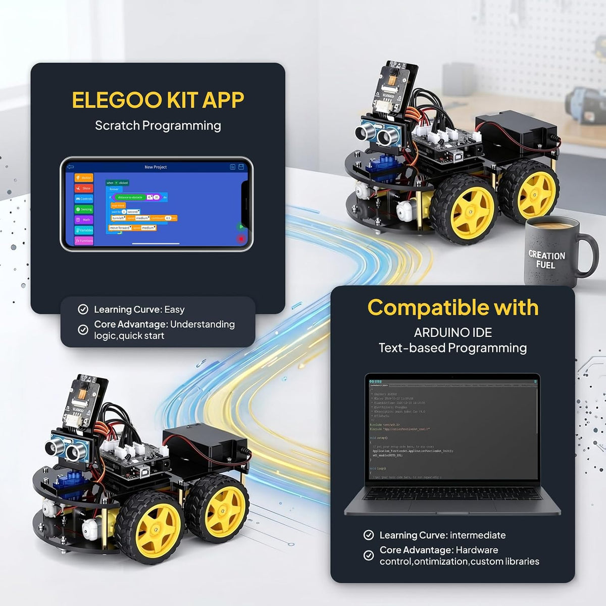UNO R3 Smart Robot Car Kit V4 with Camera, Compatible with Arduino