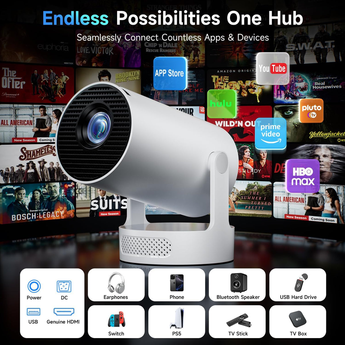 Mini Projector with Wifi 6 and BT 5.4, Built-In Apps 2026 Upgraded