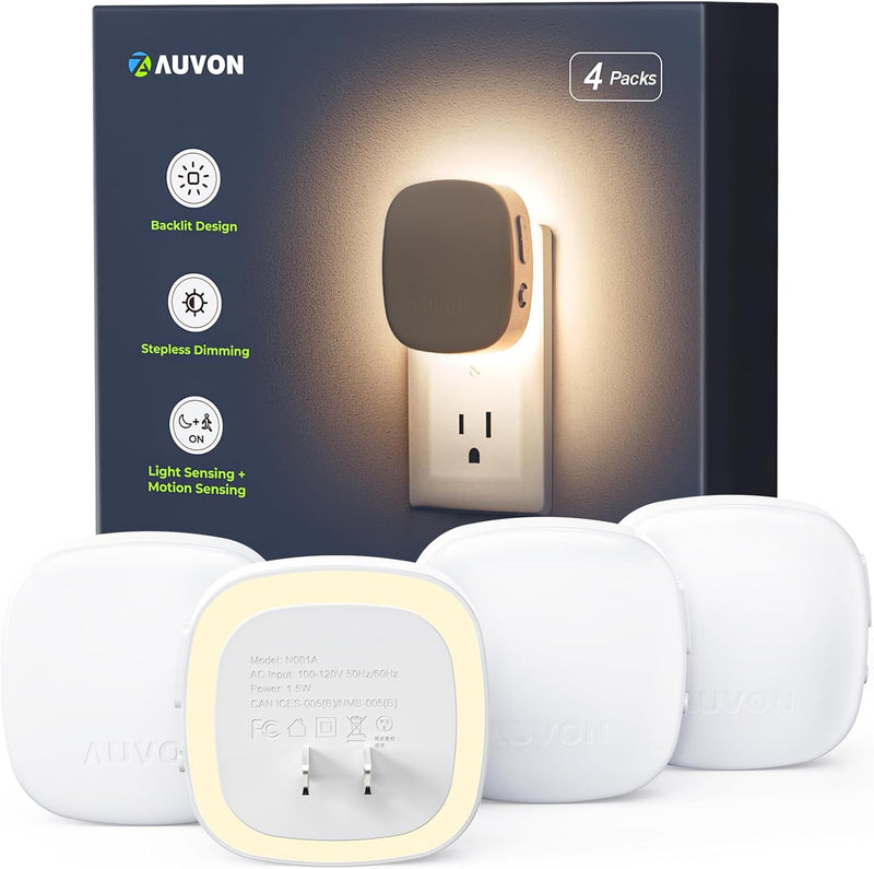 Plug-In LED Backlit Night Light 4 Packs, Motion & Dusk to Dawn Sensor