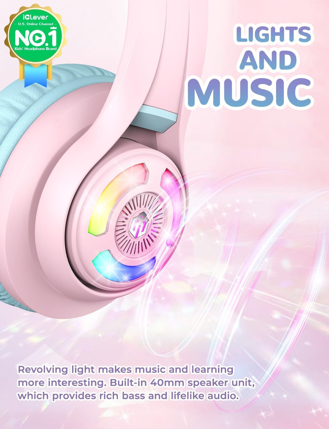Cat Ear Kids Headphones,Led Lights Up,74/85/94Db Volume Limited,50H Playtime,Bluetooth 5.2,AUX Cable,Usb C,Wireless over Ear for Travel Ipad Tablet, Meow Macaron-Pink