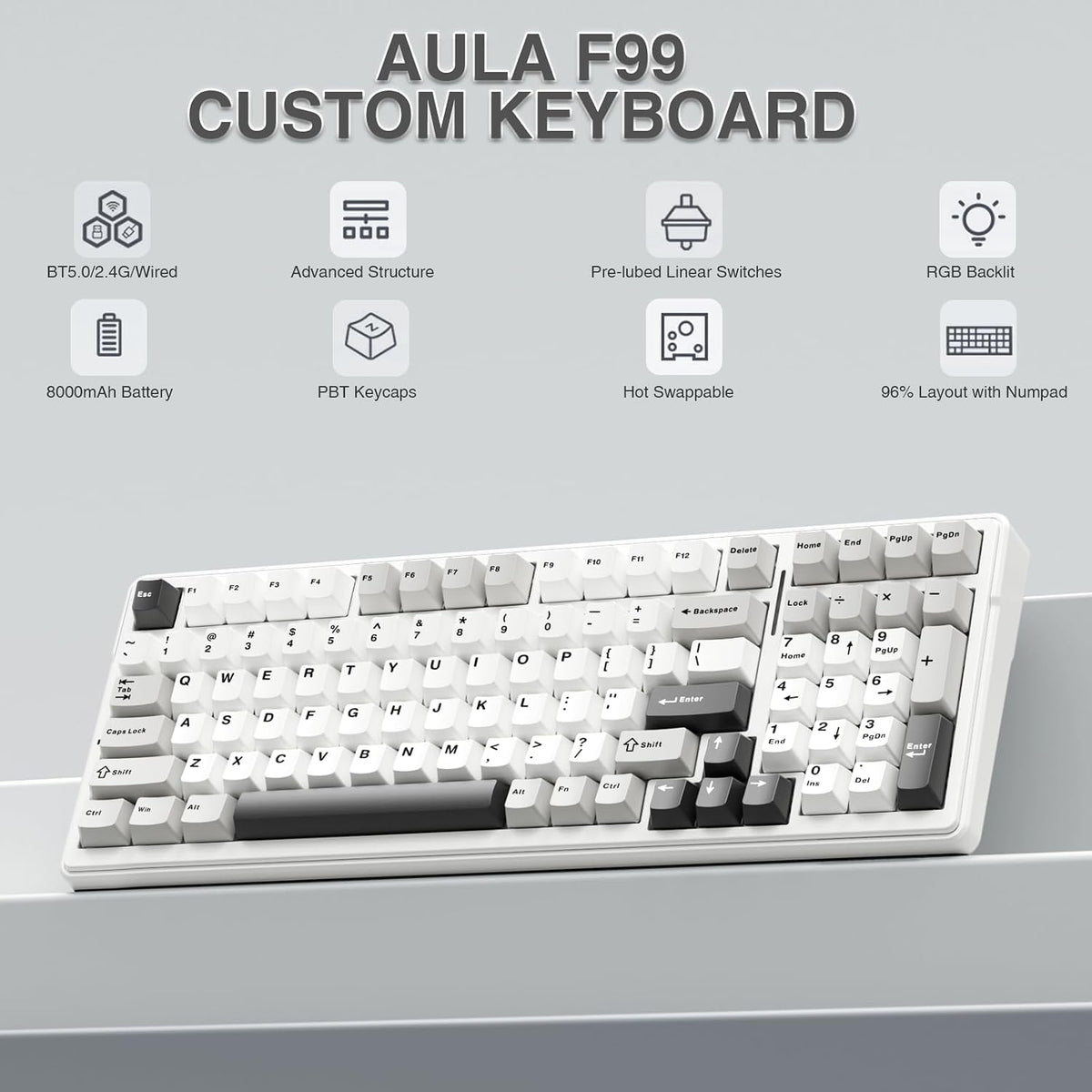 F99 Wireless Mechanical Keyboard,Tri-Mode Bt5.0/2.4Ghz/Usb-C Hot Swappable Custom Keyboard,Pre-Lubed Linear Switches,Rgb Backlit Computer Gaming Keyboards for Pc/Tablet/Ps/Xbox