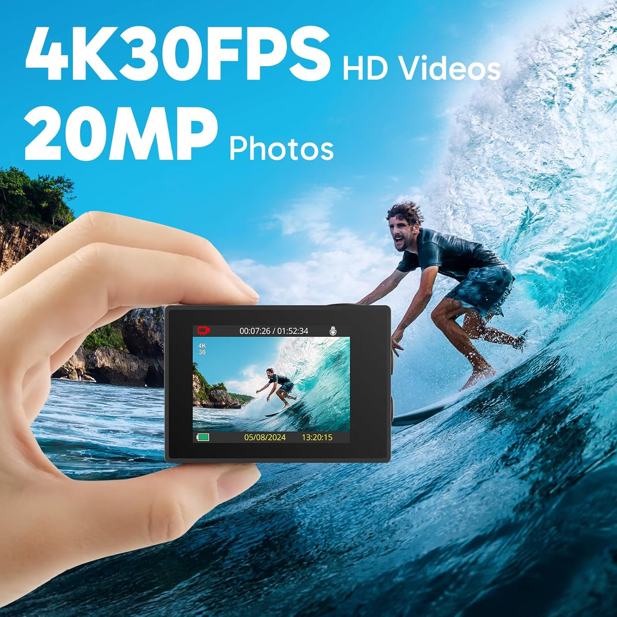 EK7000 4K30Fps Action Camera - 131Ft Waterproof Camera with Remote Control 4X Zoom Ultra HD 20MP Underwater Camera with Accessories Kit