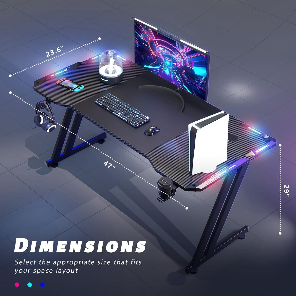 47 Inch Gaming Desk with App-Controlled RGB LED Lights, Black