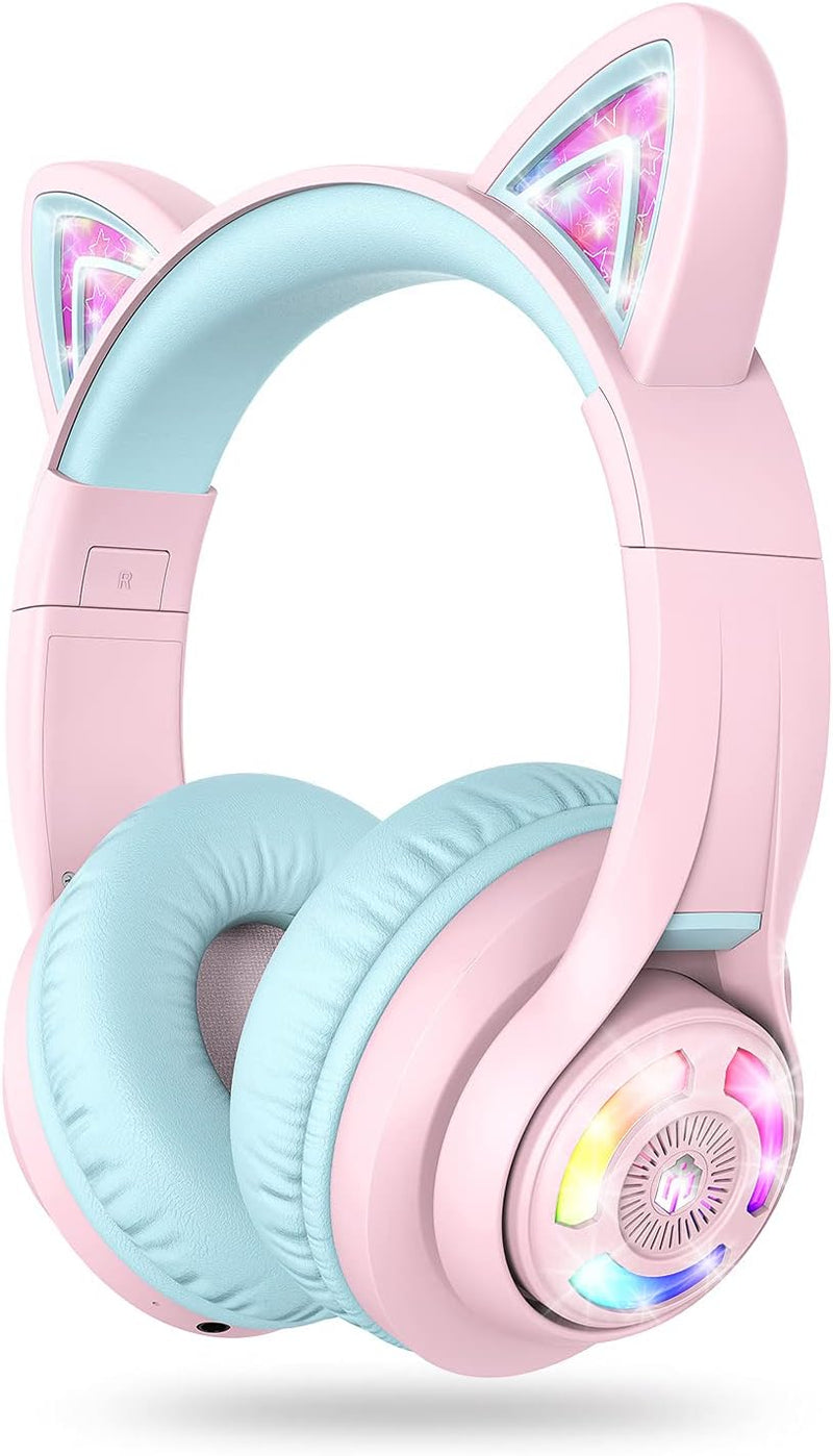 Cat Ear Kids Headphones,Led Lights Up,74/85/94Db Volume Limited,50H Playtime,Bluetooth 5.2,AUX Cable,Usb C,Wireless over Ear for Travel Ipad Tablet, Meow Macaron-Pink