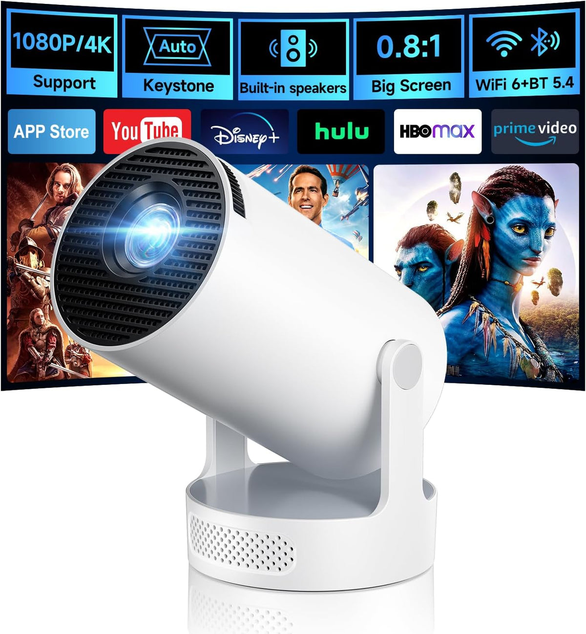 Mini Projector with Wifi 6 and BT 5.4, Built-In Apps 2026 Upgraded