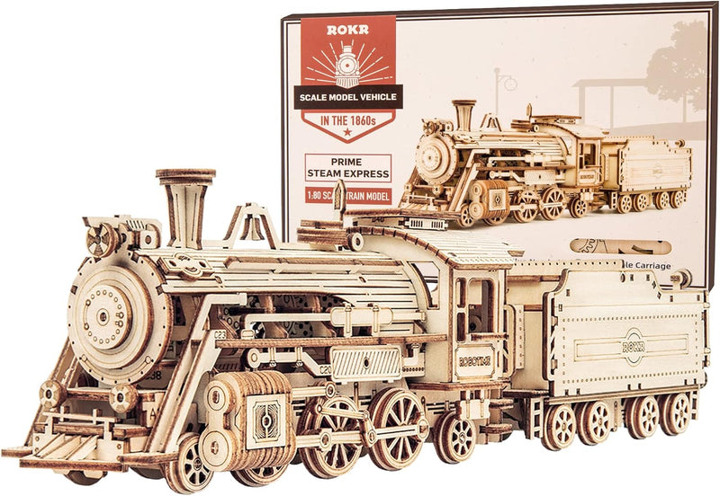 3D Wooden Puzzle for Adults-Mechanical Train Model Kits-Brain Teaser Puzzles-Vehicle Building Kits-Unique Gift for Teens on Birthday/Christmas Day(1:80 Scale)(Mc501-Prime Steam Express)
