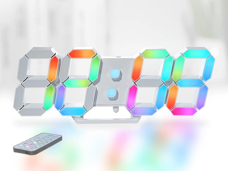 Wall Clock Neon Digital Clock 3D LED Desk Clock Large Display 9.7" RGB Clock Alarm Clock for Bedroom Living Room,Remote,Brightness Dimming, Date,Temp