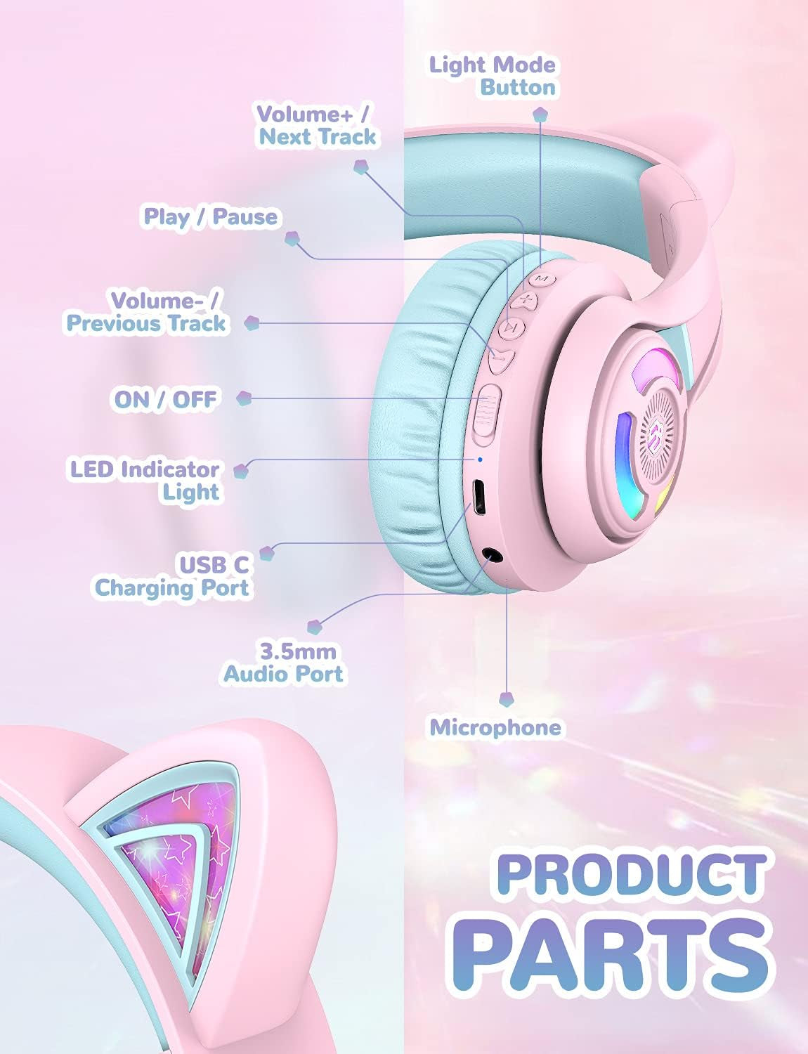 Cat Ear Kids Headphones,Led Lights Up,74/85/94Db Volume Limited,50H Playtime,Bluetooth 5.2,AUX Cable,Usb C,Wireless over Ear for Travel Ipad Tablet, Meow Macaron-Pink