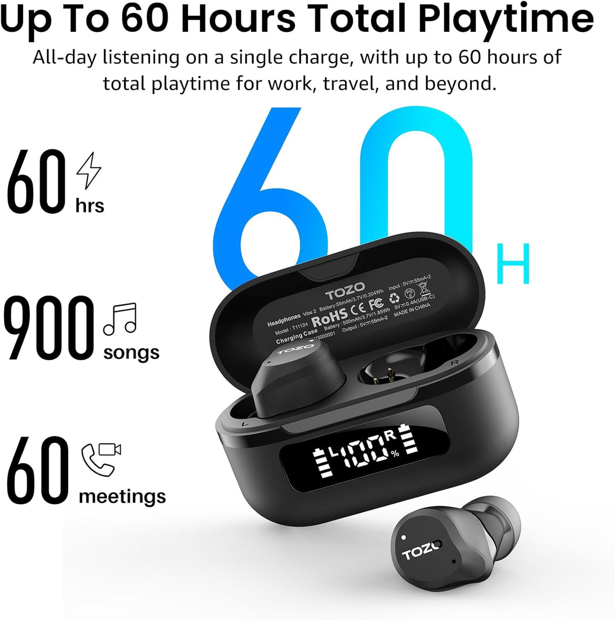NC9 Hybrid Active Noise Cancelling Wireless Earbuds, 60H, LED Display