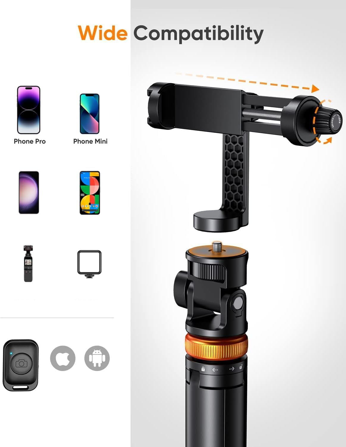 62" Phone Tripod, Tripod for Iphone & Selfie Stick with Remote