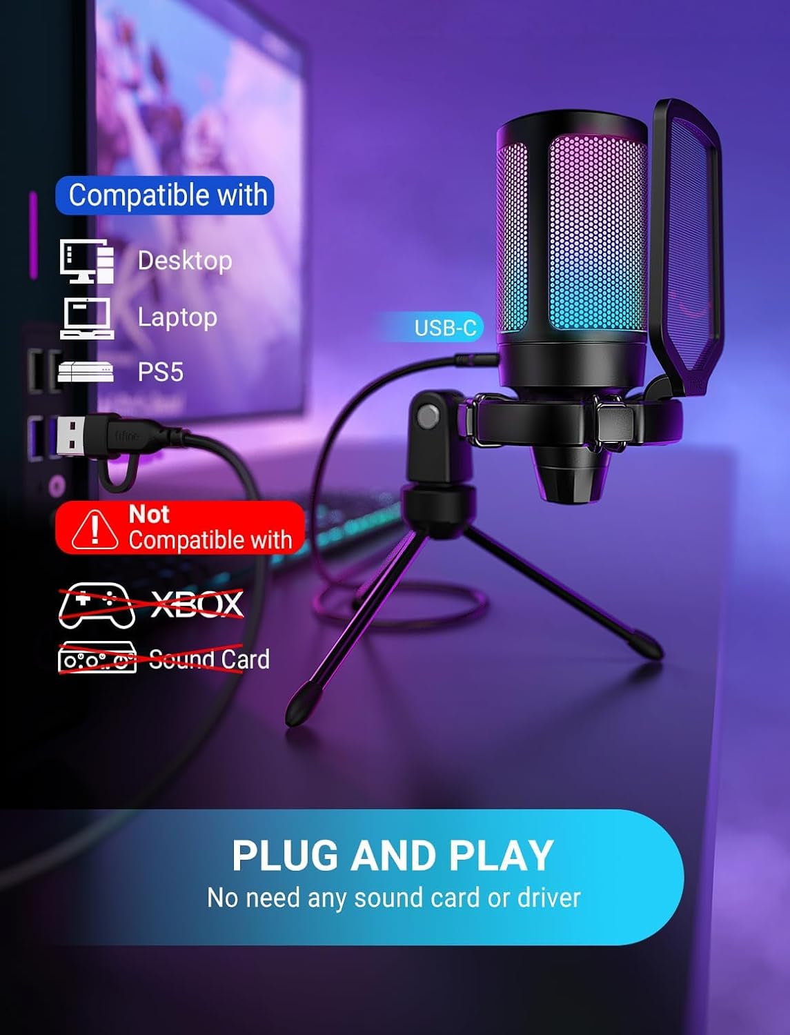 Ampligame A6V USB Gaming Microphone, Condenser RGB Mic for Streaming