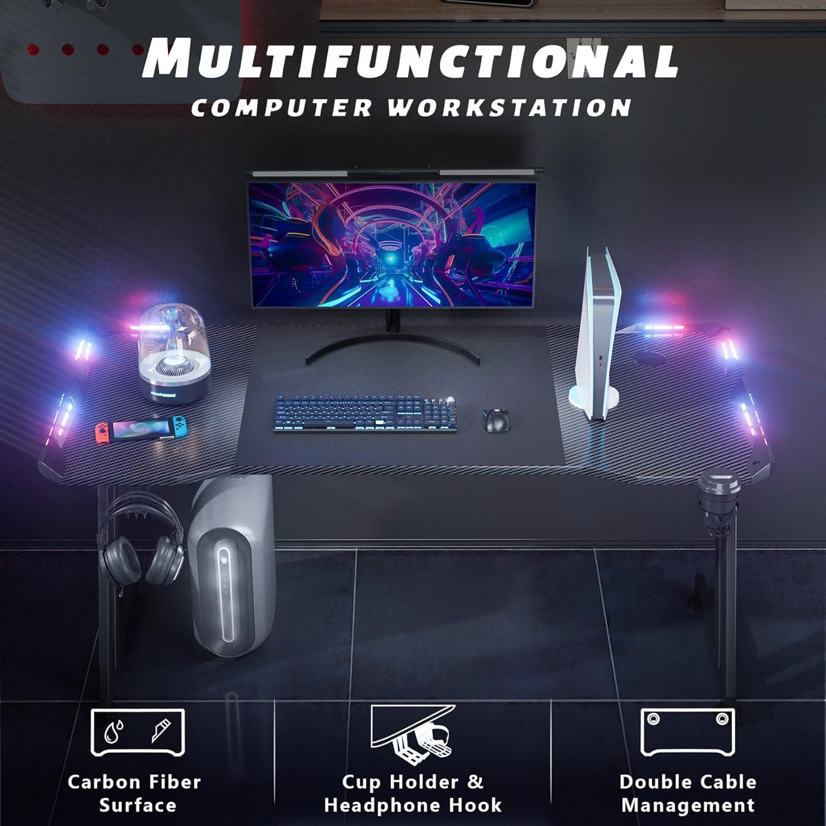 47 Inch Gaming Desk with App-Controlled RGB LED Lights, Black
